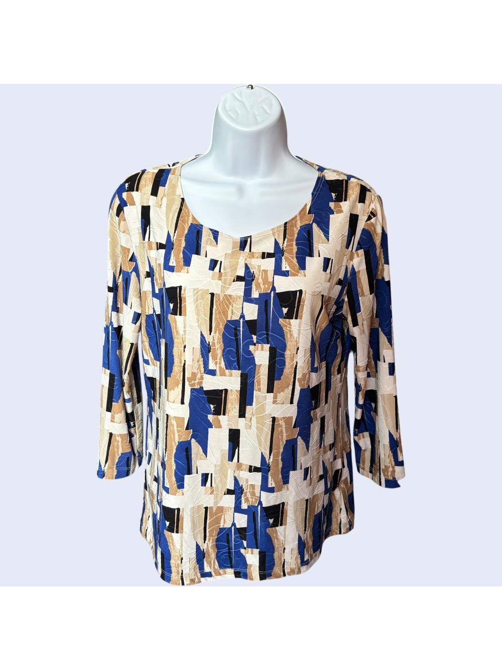 JM Collection geometric abstract 3/4-sleeve scoop neck top petite M